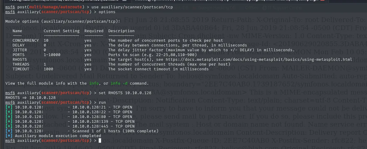 el portscan de metasploit contra 10.10.0.128 a traves de la ruta encuentra abiertos el 21, 22, 80, 139 y 445