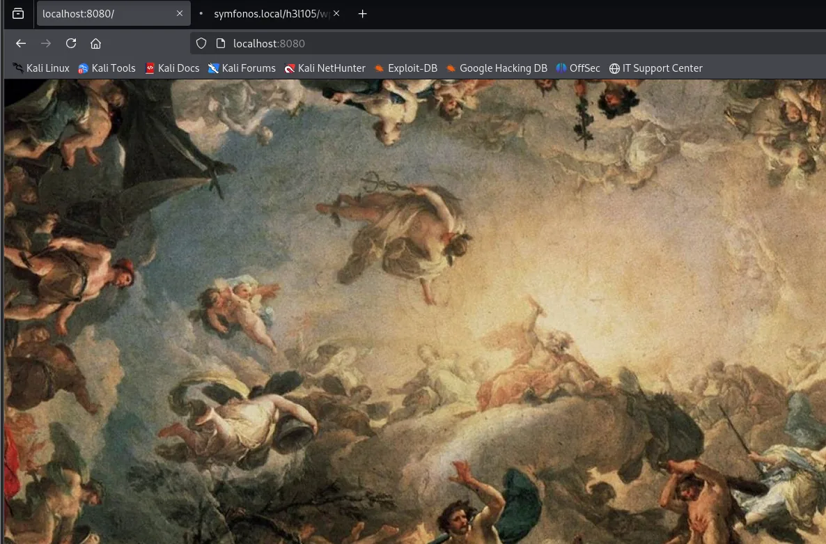 el navegador en localhost:8080 muestra un fresco clasico servido por la maquina 10.10.0.128 a traves del portfwd
