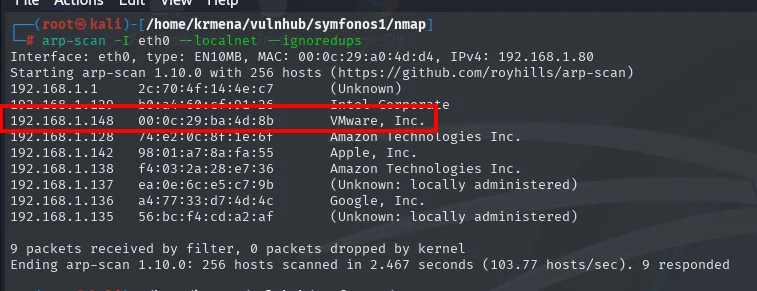 arp-scan lista los hosts del segmento y 192.168.1.148 aparece con una MAC de VMware, Inc.