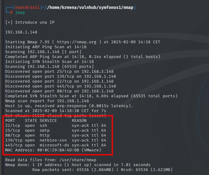 jmap escanea los 65535 puertos de 192.168.1.148 y descubre 22, 25, 80, 139 y 445, todos con syn-ack ttl 64