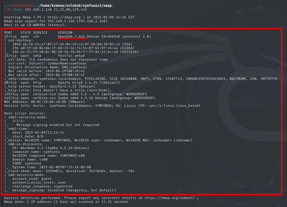 jmap2 identifica OpenSSH 7.4p1 Debian, Postfix smtpd, Apache 2.4.25 y Samba 4.5.16 en 139 y 445, con el bloque smb-os-discovery