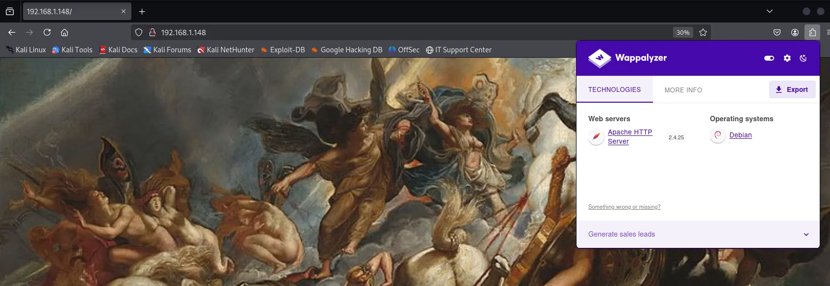 la portada es un unico cuadro clasico a pantalla completa y Wappalyzer solo detecta Apache 2.4.25 sobre Debian
