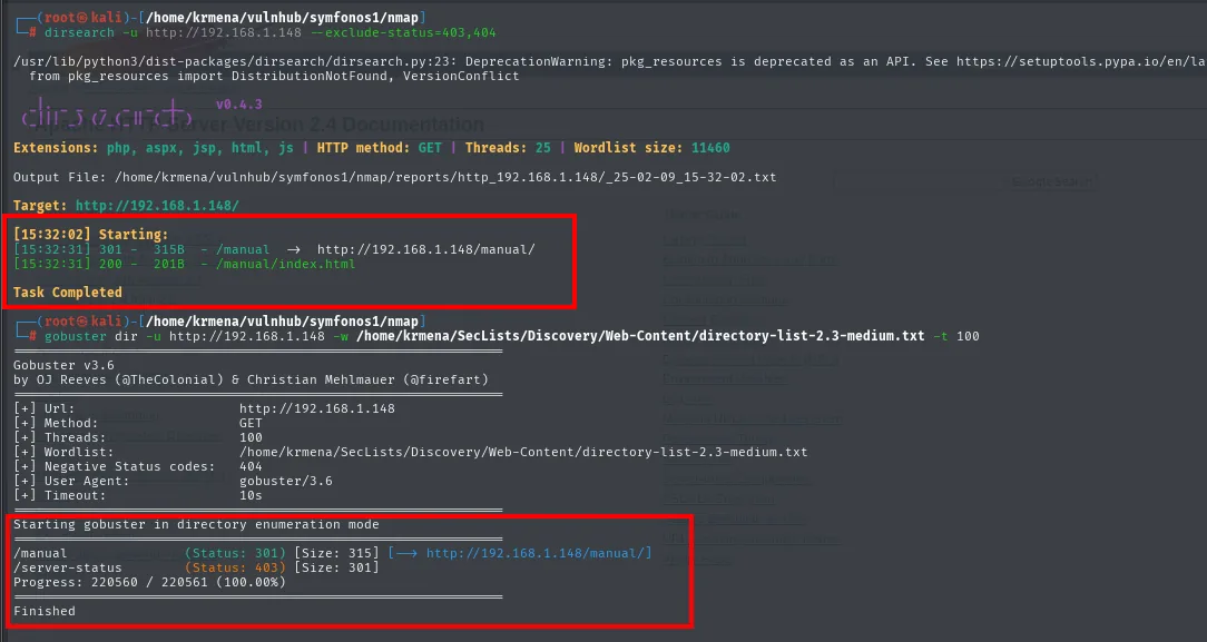 dirsearch encuentra solo /manual y gobuster confirma lo mismo tras 220560 peticiones, mas un /server-status con 403