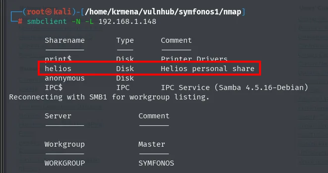 smbclient con sesion nula lista print$, helios con el comentario Helios personal share, anonymous e IPC$
