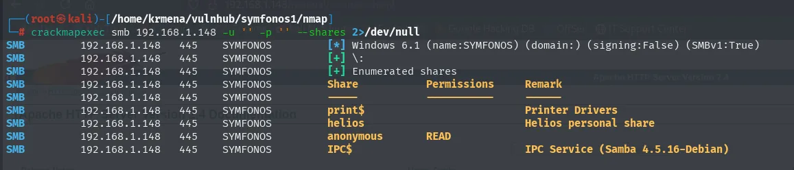 crackmapexec enumera los shares y solo anonymous aparece con permiso READ
