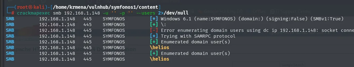 crackmapexec enumera usuarios: falla por dc ip pero el protocolo SAMRPC devuelve un unico usuario, helios