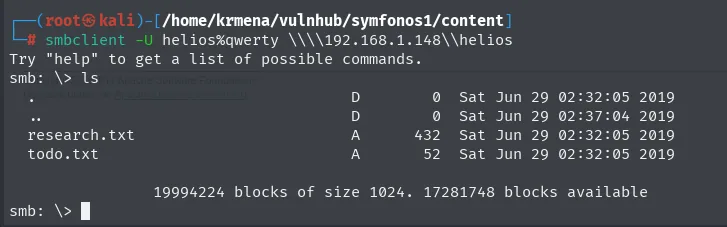 smbclient con helios y la contrasena qwerty abre el recurso helios y lista research.txt y todo.txt