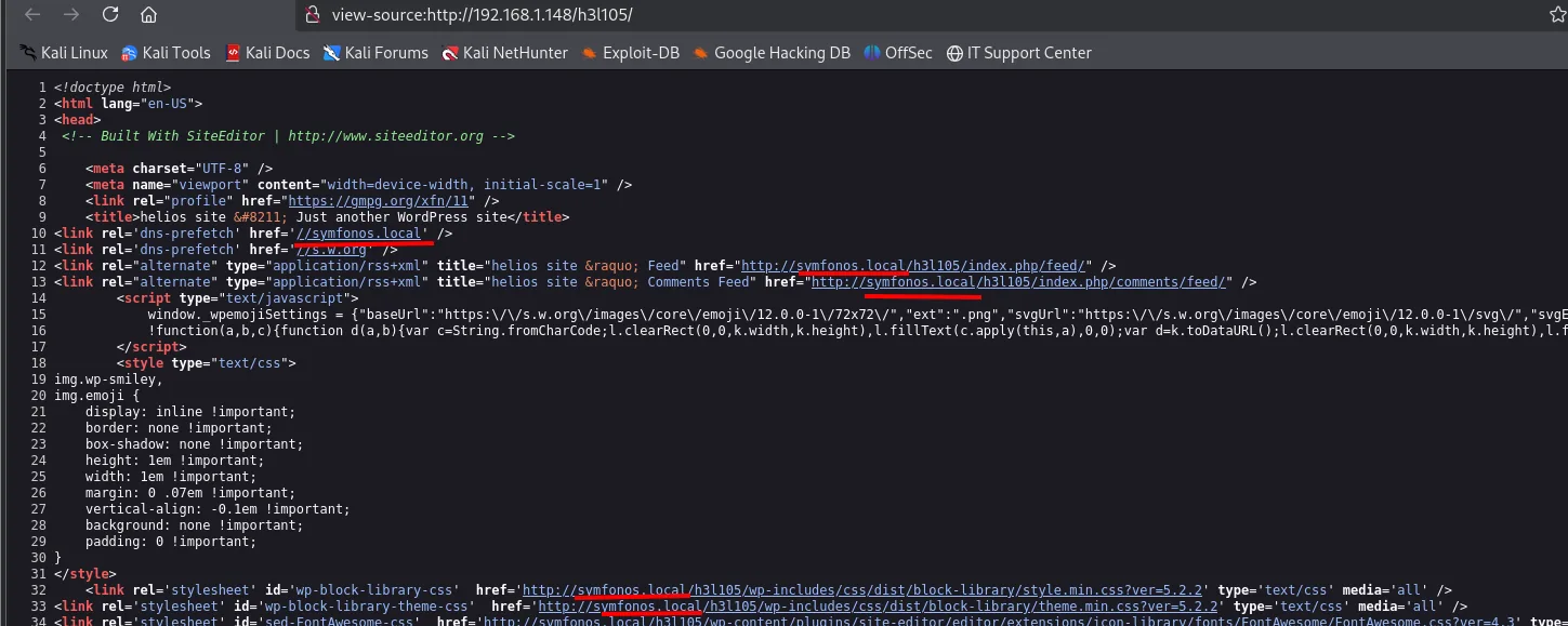 el view-source de /h3l105 muestra dns-prefetch a //symfonos.local y todos los link y href apuntando a http://symfonos.local/h3l105/
