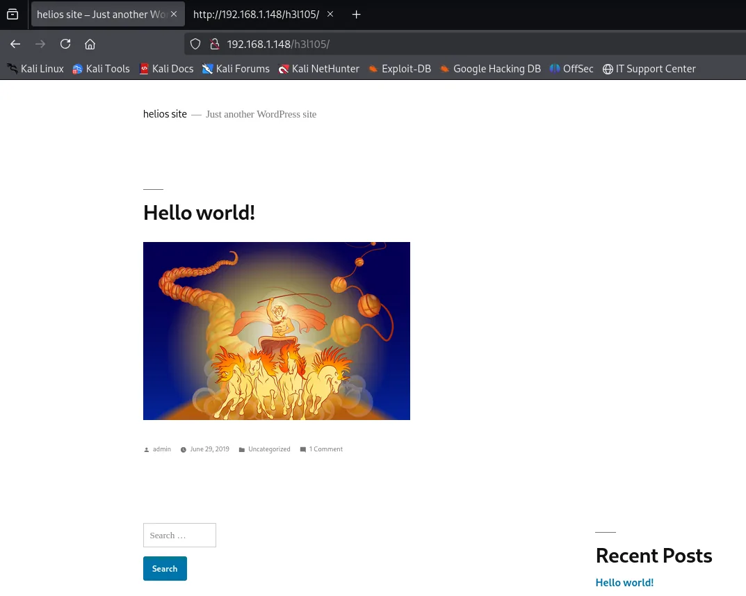 el WordPress helios site cargando entero con la entrada Hello world de admin del 29 de junio de 2019 y la barra lateral Recent Posts