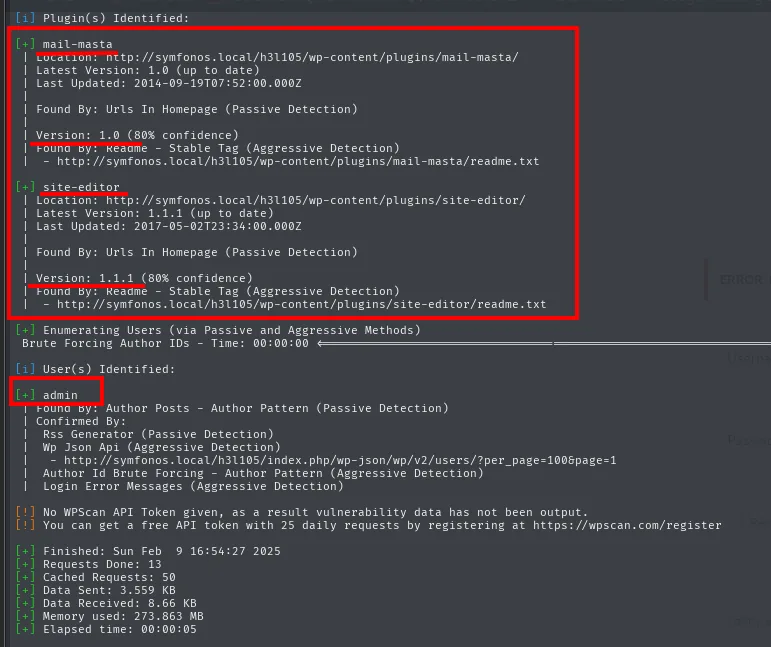 wpscan identifica los plugins mail-masta 1.0 y site-editor 1.1.1, ambos encontrados por su readme, y el usuario admin