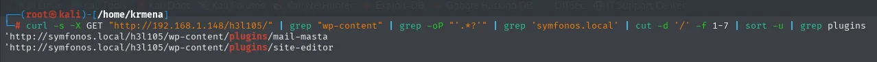 el curl con grep y cut devuelve las dos rutas de plugins, mail-masta y site-editor