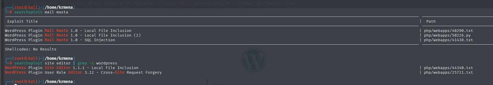 searchsploit lista tres entradas para Mail Masta 1.0, dos de Local File Inclusion y una de SQL Injection, y una LFI para Site Editor 1.1.1