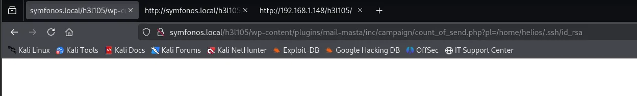 la peticion al LFI pidiendo /home/helios/.ssh/id_rsa devuelve una pagina completamente en blanco