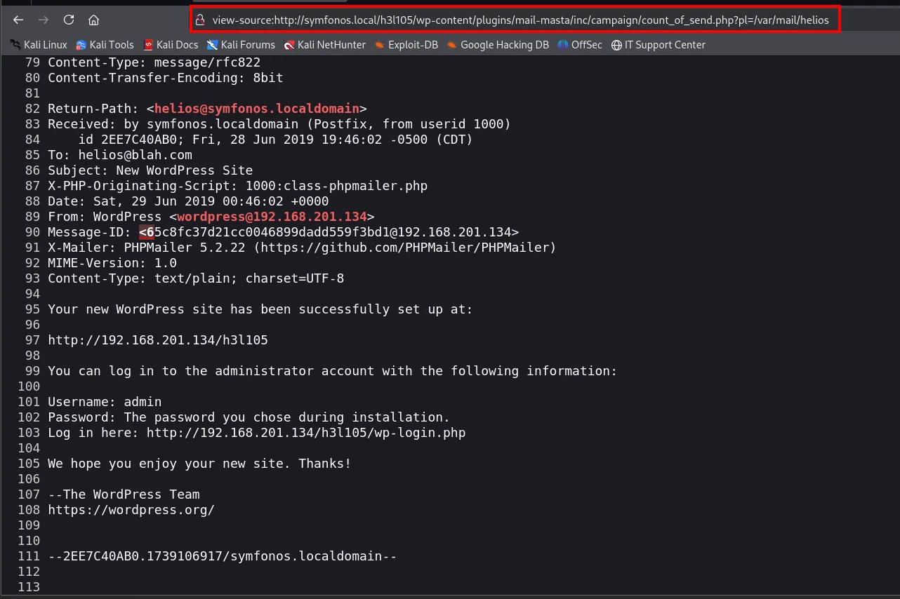 el LFI vuelca /var/mail/helios y se lee la cabecera Return-Path helios arroba symfonos.localdomain y el correo de bienvenida de WordPress