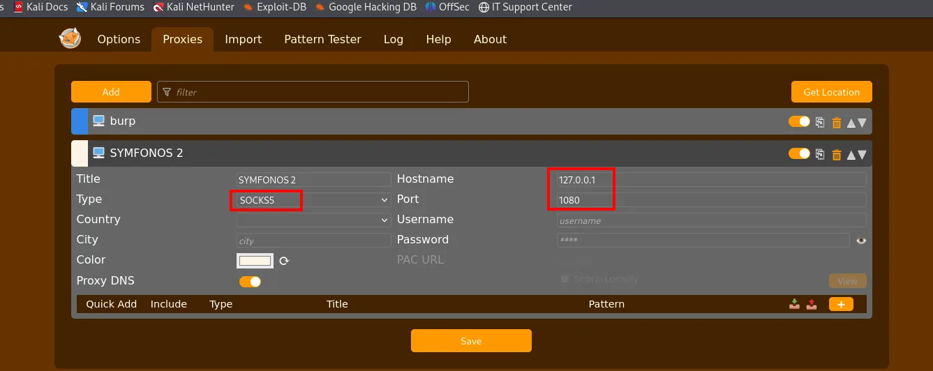 la configuracion de FoxyProxy con un perfil SYMFONOS 2 de tipo SOCKS5 apuntando a 127.0.0.1 puerto 1080 con Proxy DNS activado