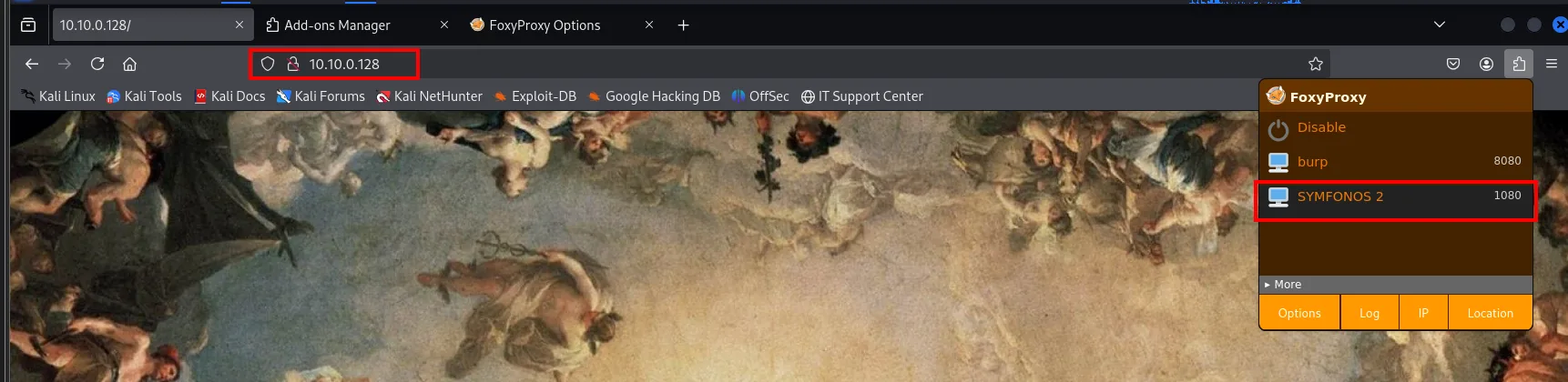 el navegador abre http://10.10.0.128 con el perfil SYMFONOS 2 activo en FoxyProxy y carga la web de la maquina interna