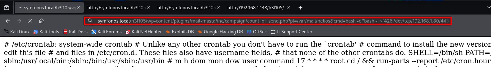 la barra de direcciones con el LFI a /var/mail/helios y el cmd de la reverse shell con los ampersand codificados como %26