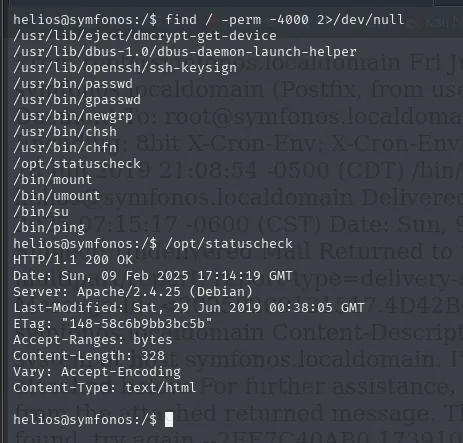 find lista los SUID habituales mas /opt/statuscheck, y ejecutarlo imprime las cabeceras de un HTTP 200 OK de Apache 2.4.25