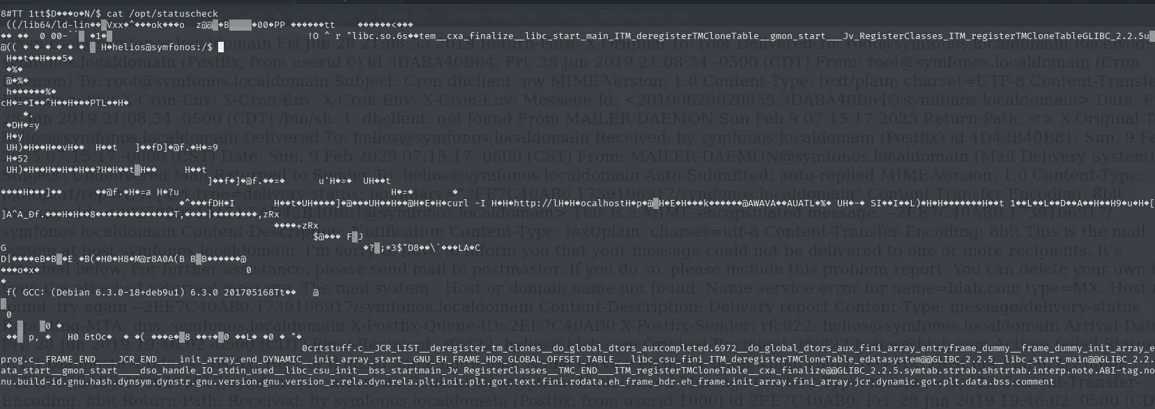 el cat de /opt/statuscheck vuelca binario ilegible, con algunos fragmentos como libc.so.6 y GLIBC reconocibles entre el ruido
