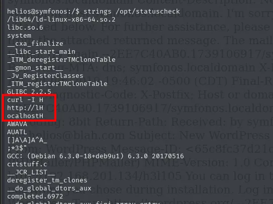 strings sobre /opt/statuscheck revela las cadenas curl -I H, http://lH y ocalhostH partidas en trozos