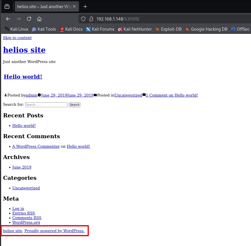 WordPress "helios site" cargando correctamente en /h3l105 tras añadir el vhost symfonos.local, con la entrada Hello world de admin