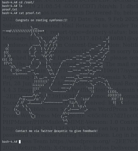Sesión root tras el PATH hijacking leyendo proof.txt: Congrats on rooting symfonos:1!