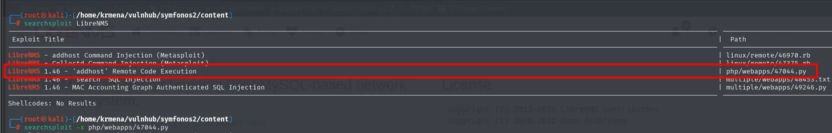 searchsploit devuelve cinco entradas de LibreNMS, con la addhost Remote Code Execution de la 1.46 resaltada