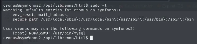 sudo -l como cronus muestra que puede ejecutar /usr/bin/mysql como root sin contrasena