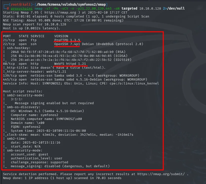 el escaneo de versiones por proxychains identifica ProFTPD 1.3.5, OpenSSH 7.4p1, WebFS httpd 1.21 y Samba 4.5.16, con el hostname symfonos2