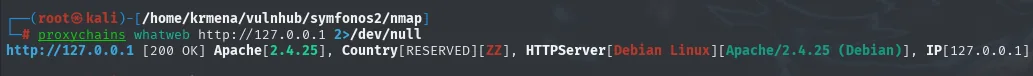 whatweb a traves del proxy devuelve 200 OK con Apache 2.4.25 sobre Debian y la IP 127.0.0.1 del tunel