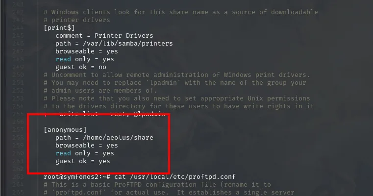 el log.txt contiene el smb.conf y en el se lee la seccion anonymous con path igual a /home/aeolus/share, browseable y guest ok