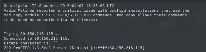 la ficha 36742.txt explica que mod_copy permite usar SITE CPFR y SITE CPTO desde clientes no autenticados, y muestra una sesion de ejemplo