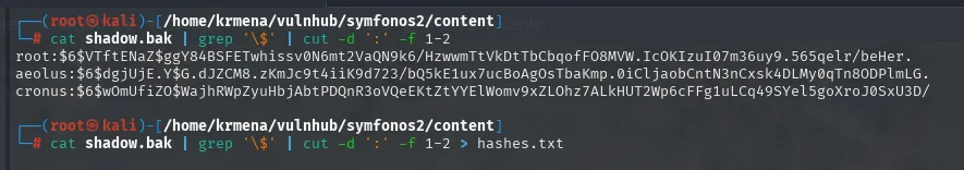 el grep filtra las tres lineas con hash, root, aeolus y cronus, y el cut deja usuario y hash separados por dos puntos