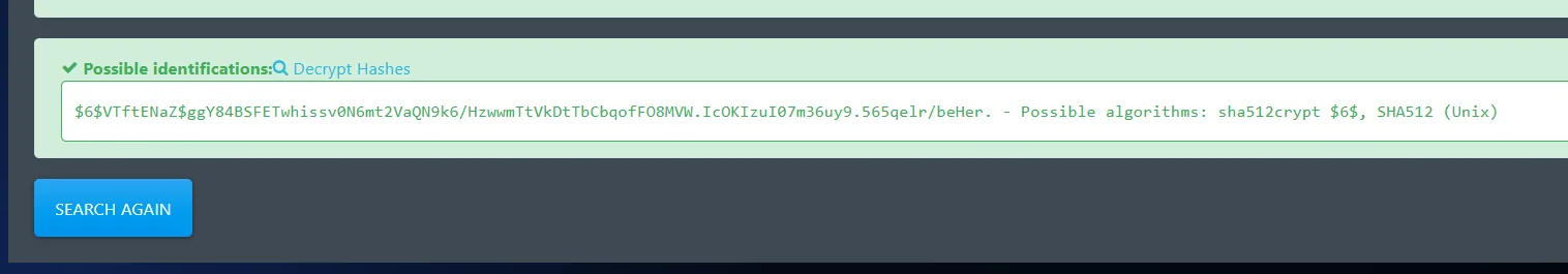 un identificador de hashes reconoce el prefijo $6$ como sha512crypt, SHA512 de Unix