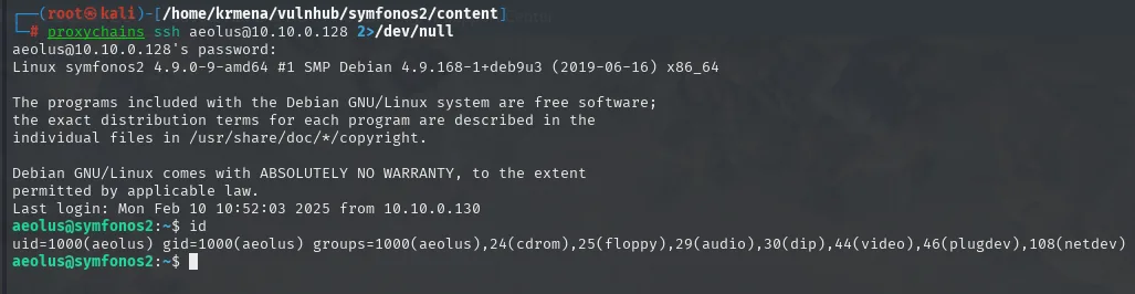 el ssh por proxychains entra como aeolus en symfonos2, un Debian con kernel 4.9.0-9-amd64, y el id devuelve uid 1000
