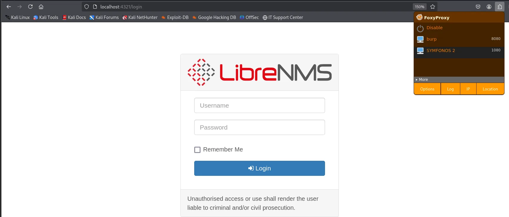 el navegador en localhost:4321/login muestra el panel de acceso de LibreNMS, con el perfil SYMFONOS 2 activo en FoxyProxy