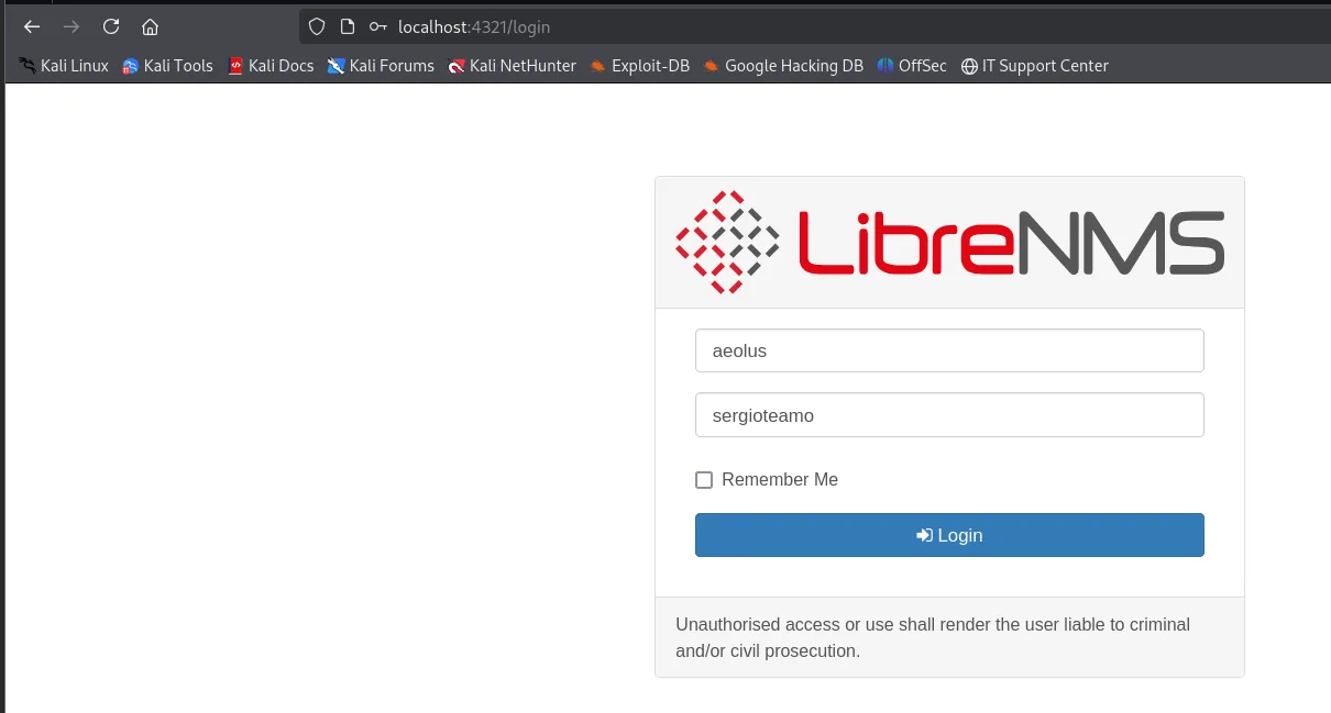 el formulario de LibreNMS relleno con aeolus y sergioteamo
